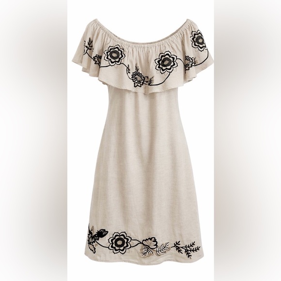 Boston Proper Flax/Oatmeal Linen Off-Shoulder Embroidered Dress - Large - Picture 5 of 10